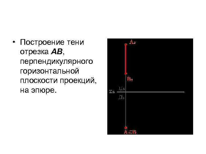  • Построение тени отрезка АВ, перпендикулярного горизонтальной плоскости проекций, на эпюре. 