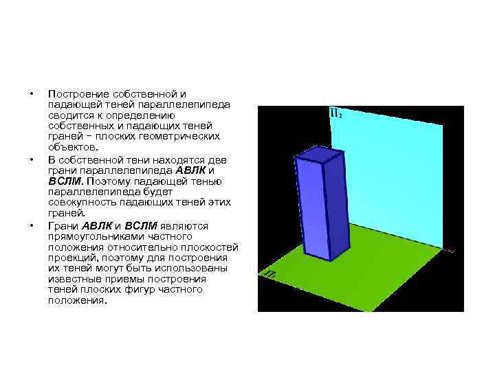  • • • Построение собственной и падающей теней параллелепипеда сводится к определению собственных