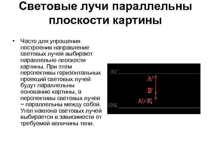 Световые лучи параллельны плоскости картины • Часто для упрощения построения направление световых лучей выбирают