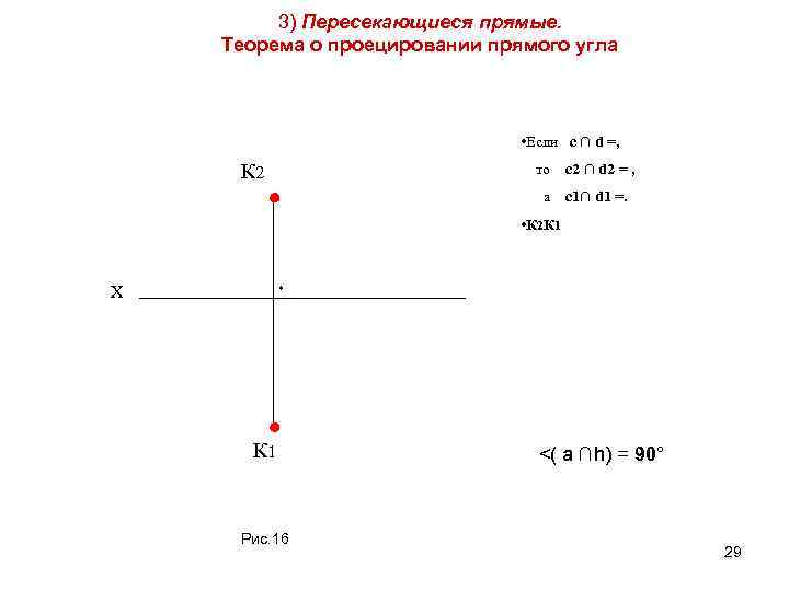 3) Пересекающиеся прямые. Теорема о проецировании прямого угла • Если с ∩ d =,