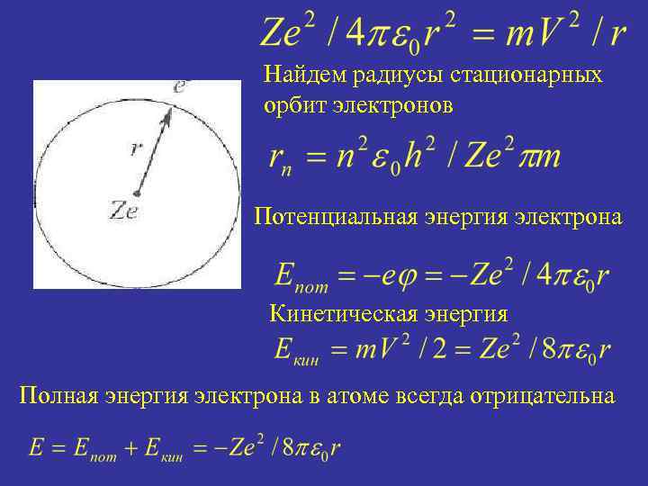 Найдем радиусы стационарных орбит электронов Потенциальная энергия электрона Кинетическая энергия Полная энергия электрона в