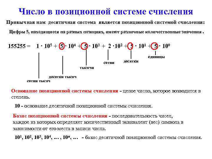 Число в позиционной системе счисления Привычная нам десятичная система является позиционной системой счисления: Цифры