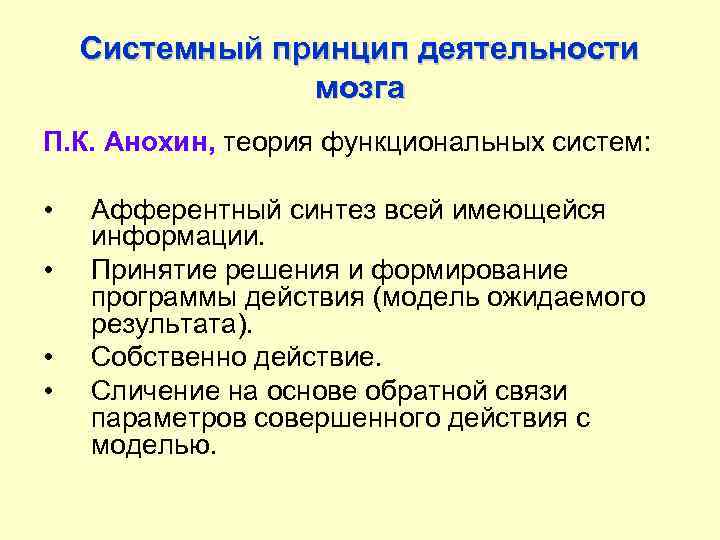 Системный принцип деятельности мозга П. К. Анохин, теория функциональных систем: • • Афферентный синтез