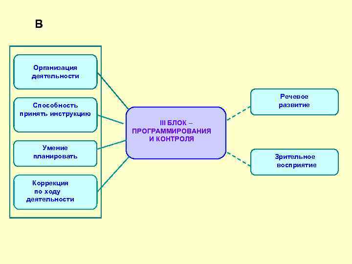 В Организация деятельности Речевое развитие Способность принять инструкцию III БЛОК – ПРОГРАММИРОВАНИЯ И КОНТРОЛЯ