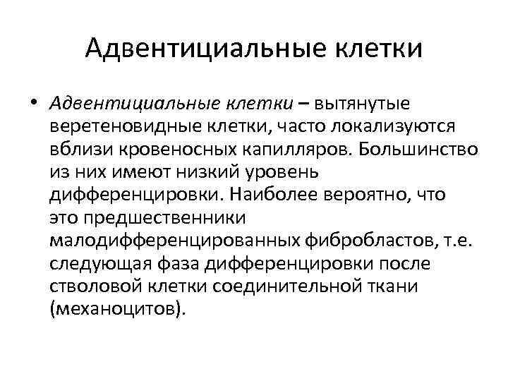 Адвентициальные клетки • Адвентициальные клетки – вытянутые веретеновидные клетки, часто локализуются вблизи кровеносных капилляров.