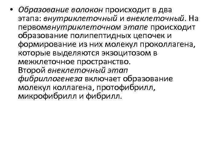  • Образование волокон происходит в два этапа: внутриклеточный и внеклеточный. На первомвнутриклеточном этапе