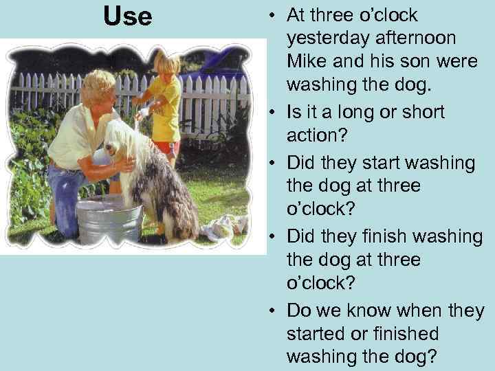 Use • At three o’clock yesterday afternoon Mike and his son were washing the