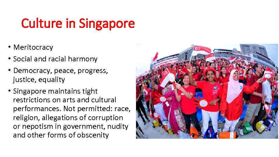 Culture in Singapore • Meritocracy • Social and racial harmony • Democracy, peace, progress,