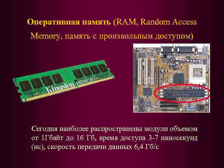 Оперативная память (RAM, Random Access Memory, память с произвольным доступом) Сегодня наиболее распространены модули