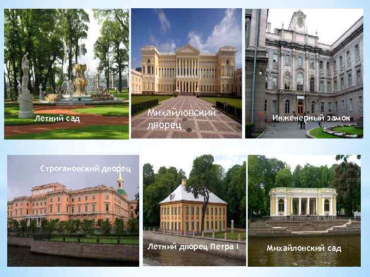 Летний сад Михайловский дворец * Инженерный замок Строгановский дворец Летний дворец Петра I Михайловский