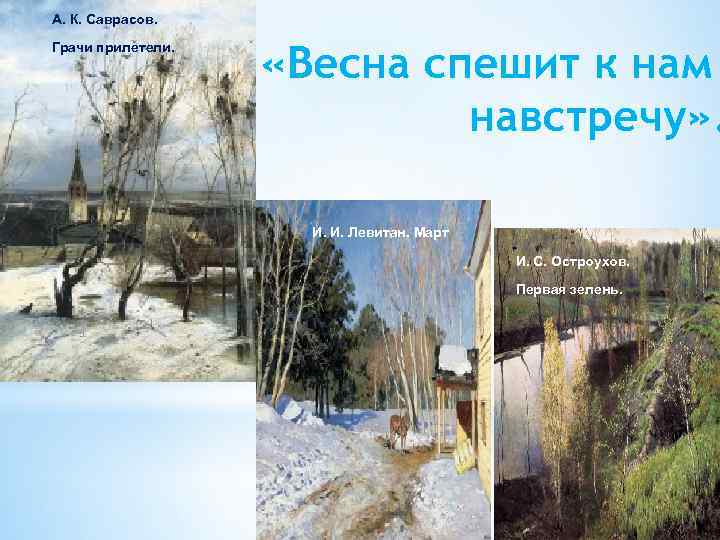 А. К. Саврасов. Грачи прилетели. «Весна спешит к нам навстречу» . И. И. Левитан.
