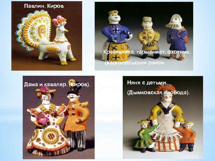Павлин. Киров Крестьянка, гармонист, охотник. (Каргопольский район Дама и кавалер. (Киров). Кувшин Гжель. Няня