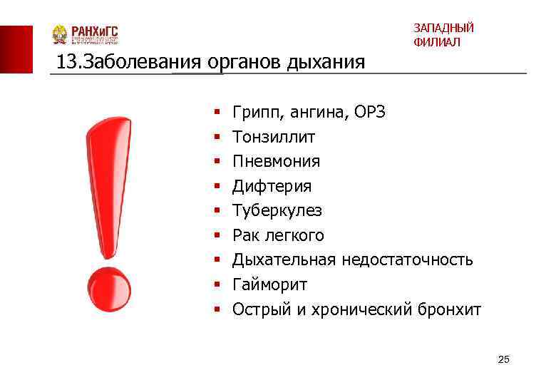 13. Заболевания органов дыхания § § § § § ЗАПАДНЫЙ ФИЛИАЛ Грипп, ангина, ОРЗ