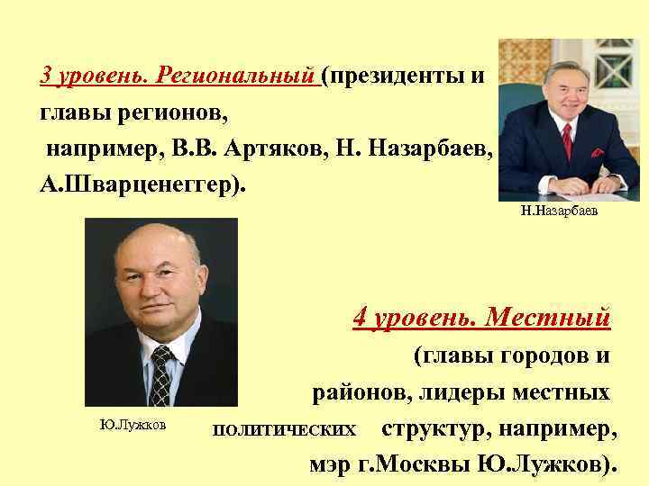 3 уровень. Региональный (президенты и главы регионов, например, В. В. Артяков, Н. Назарбаев, А.