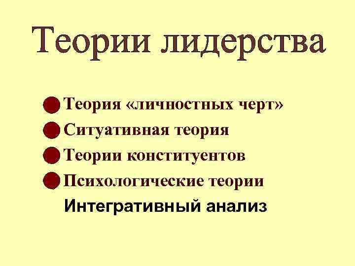 1) Теория «личностных черт» 2) Ситуативная теория 3) Теории конституентов 4) Психологические теории Интегративный