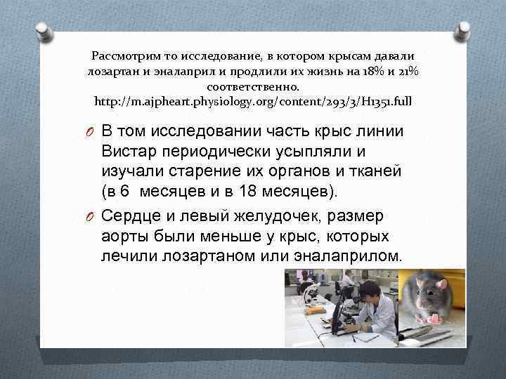 Рассмотрим то исследование, в котором крысам давали лозартан и эналаприл и продлили их жизнь