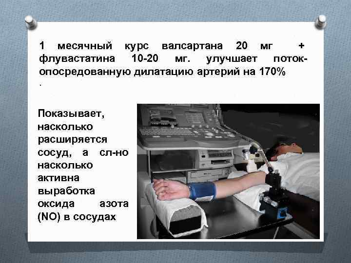 1 месячный курс валсартана 20 мг + флувастатина 10 -20 мг. улучшает потокопосредованную дилатацию