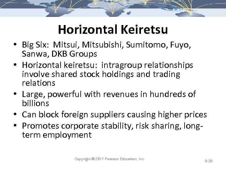 Horizontal Keiretsu • Big Six: Mitsui, Mitsubishi, Sumitomo, Fuyo, Sanwa, DKB Groups • Horizontal