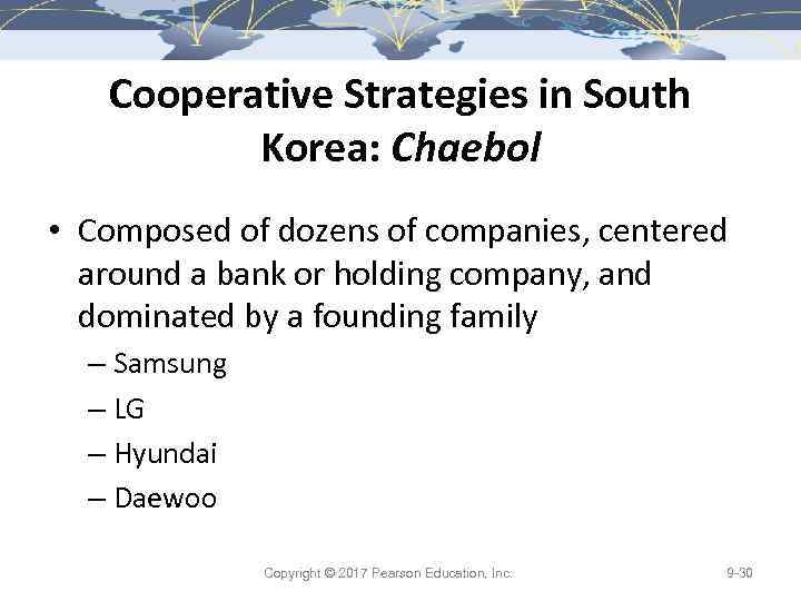 Cooperative Strategies in South Korea: Chaebol • Composed of dozens of companies, centered around