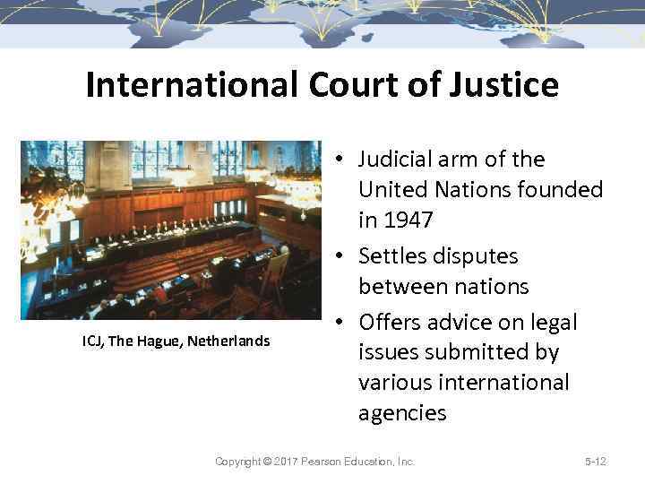 International Court of Justice ICJ, The Hague, Netherlands • Judicial arm of the United
