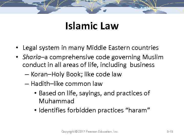 Islamic Law • Legal system in many Middle Eastern countries • Sharia–a comprehensive code