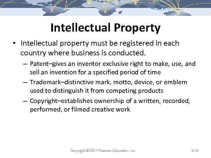 Intellectual Property • Intellectual property must be registered in each country where business is