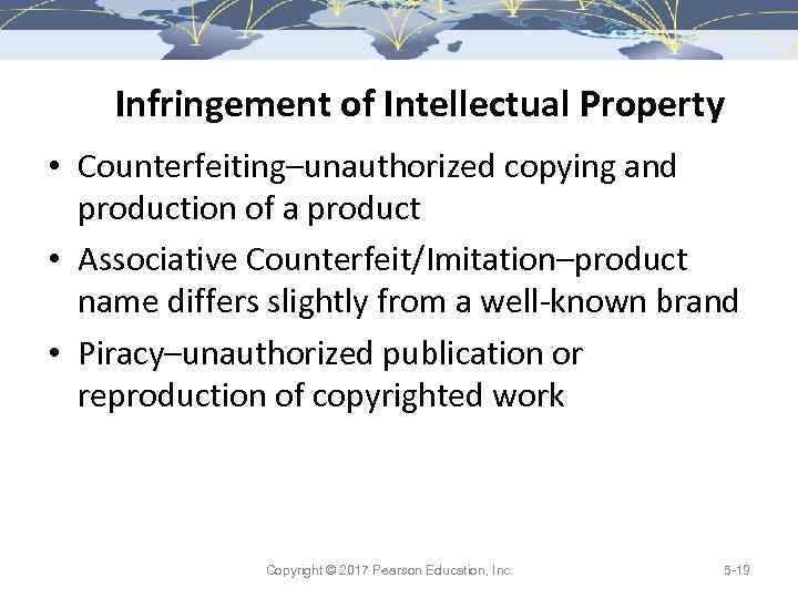 Infringement of Intellectual Property • Counterfeiting–unauthorized copying and production of a product • Associative