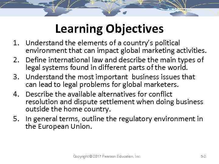Learning Objectives 1. Understand the elements of a country’s political environment that can impact