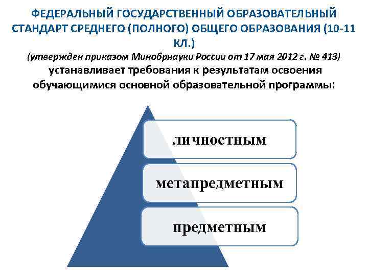 ФЕДЕРАЛЬНЫЙ ГОСУДАРСТВЕННЫЙ ОБРАЗОВАТЕЛЬНЫЙ СТАНДАРТ СРЕДНЕГО (ПОЛНОГО) ОБЩЕГО ОБРАЗОВАНИЯ (10 -11 КЛ. ) (утвержден приказом