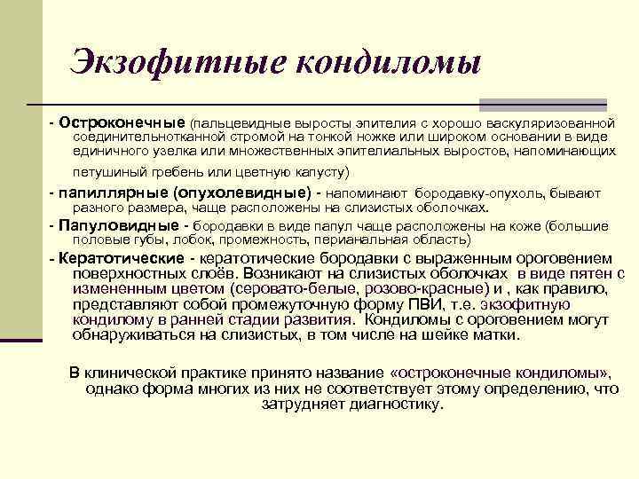 Экзофитные кондиломы - Остроконечные (пальцевидные выросты эпителия с хорошо васкуляризованной соединительнотканной стромой на тонкой