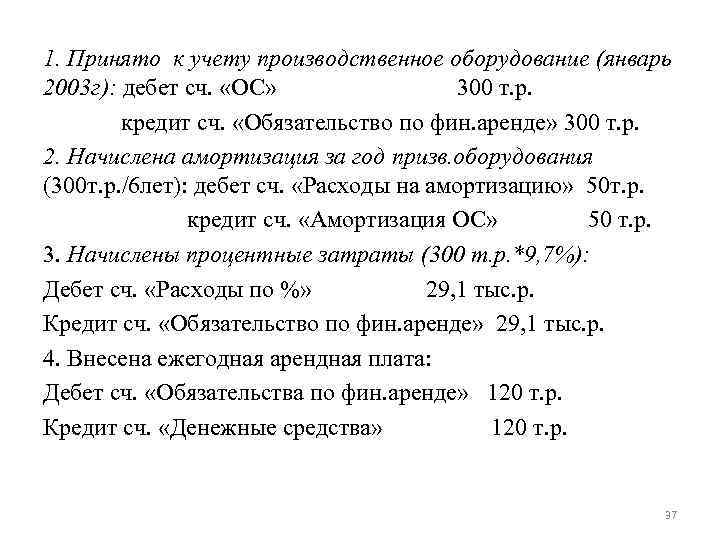 1. Принято к учету производственное оборудование (январь 2003 г): дебет сч. «ОС» 300 т.