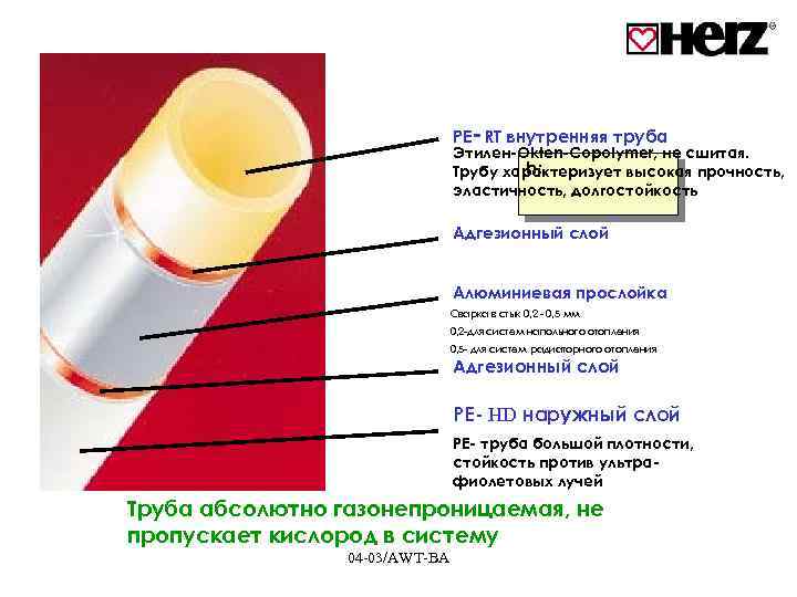 PE-RT внутренняя труба Этилен-Okten-Copolymer, не сшитая. h: Трубу характеризует высокая прочность, эластичность, долгостойкость Адгезионный