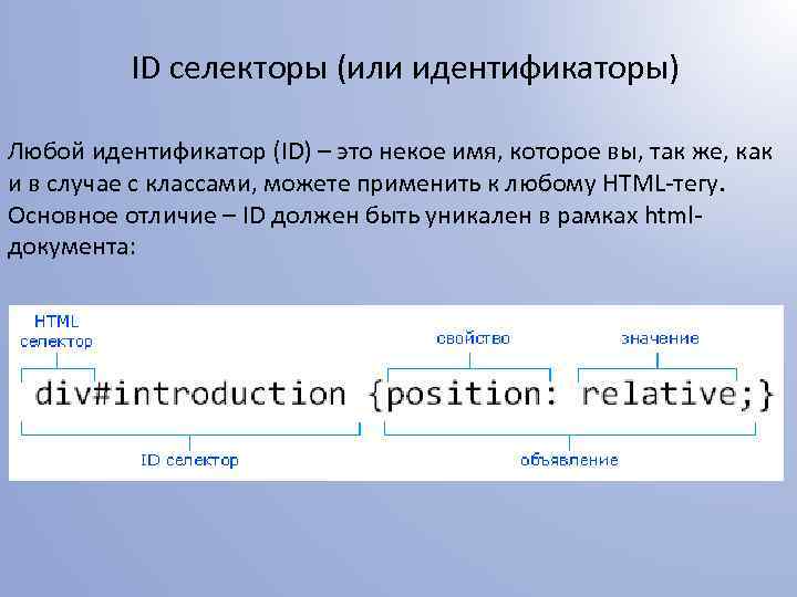 ID селекторы (или идентификаторы) Любой идентификатор (ID) – это некое имя, которое вы, так