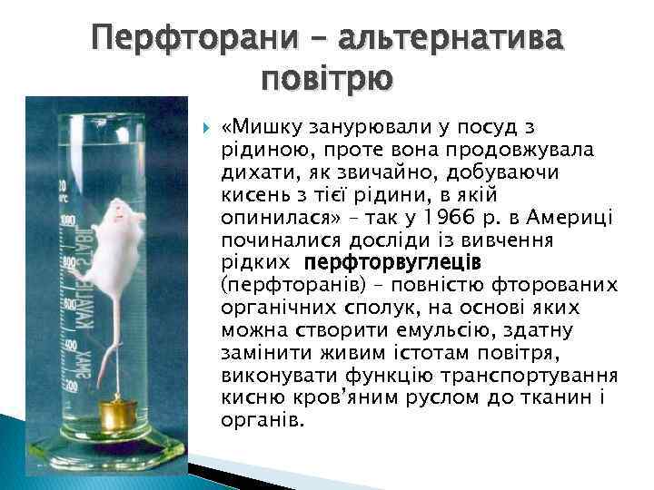 Перфторани – альтернатива повітрю «Мишку занурювали у посуд з рідиною, проте вона продовжувала дихати,