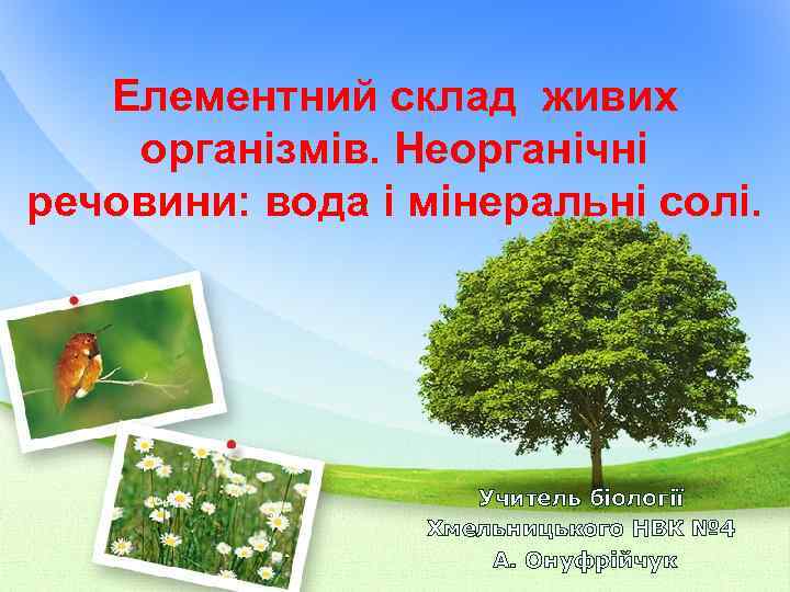 Елементний склад живих організмів. Неорганічні речовини: вода і мінеральні солі. Учитель біології Хмельницького НВК