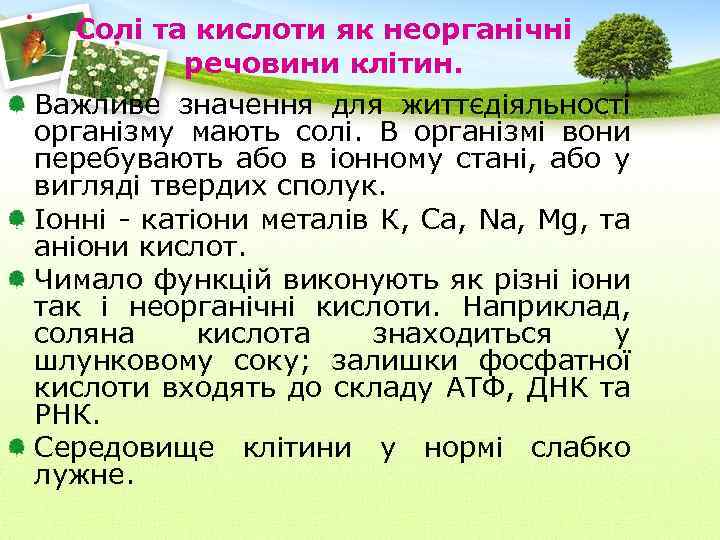 Солі та кислоти як неорганічні речовини клітин. Важливе значення для життєдіяльності організму мають солі.