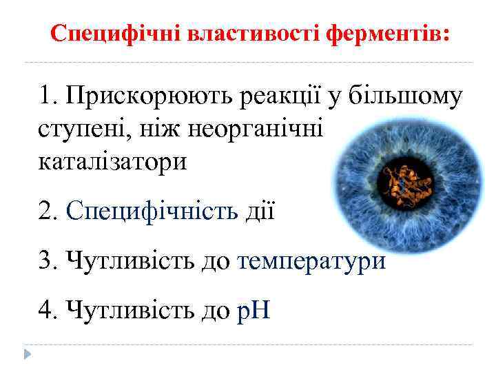 Специфічні властивості ферментів: 1. Прискорюють реакції у більшому ступені, ніж неорганічні каталізатори 2. Специфічність