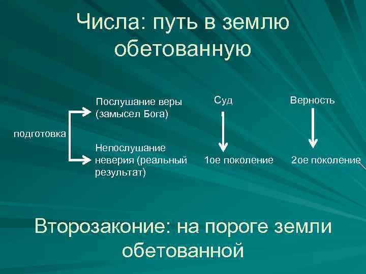 Числа: путь в землю обетованную Послушание веры (замысел Бога) Суд Верность подготовка Непослушание неверия
