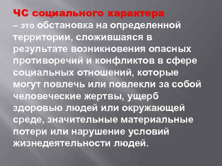 ЧС социального характера – это обстановка на определенной территории, сложившаяся в результате возникновения опасных