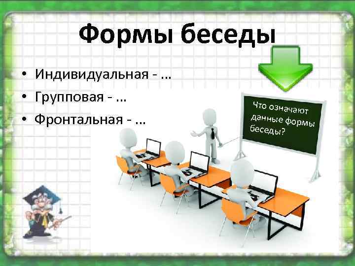 Формы беседы • Индивидуальная - … • Групповая - … • Фронтальная - …