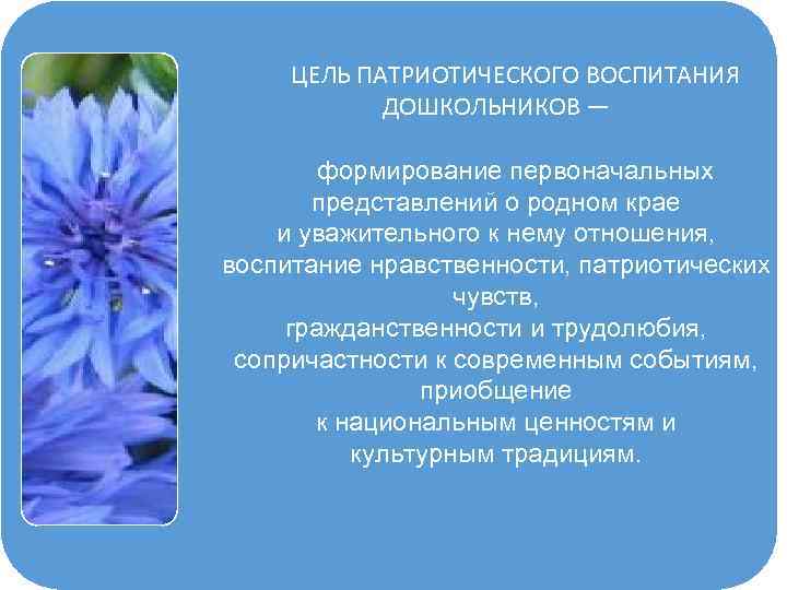 ЦЕЛЬ ПАТРИОТИЧЕСКОГО ВОСПИТАНИЯ ДОШКОЛЬНИКОВ — формирование первоначальных представлений о родном крае и уважительного к