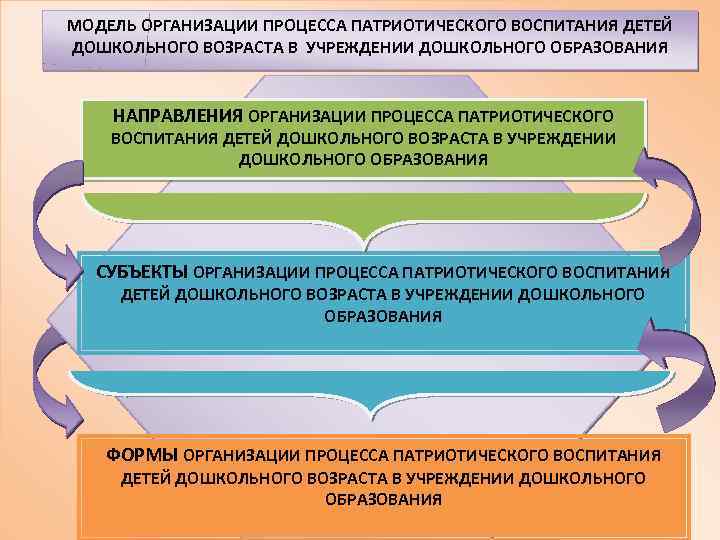 МОДЕЛЬ ОРГАНИЗАЦИИ ПРОЦЕССА ПАТРИОТИЧЕСКОГО ВОСПИТАНИЯ ДЕТЕЙ ДОШКОЛЬНОГО ВОЗРАСТА В УЧРЕЖДЕНИИ ДОШКОЛЬНОГО ОБРАЗОВАНИЯ НАПРАВЛЕНИЯ ОРГАНИЗАЦИИ