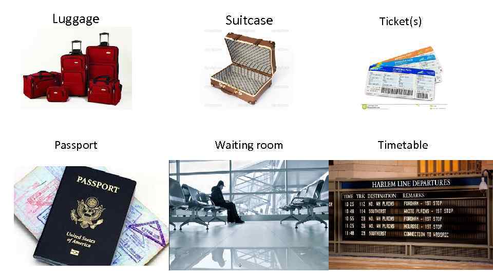 Luggage Suitcase Ticket(s) Passport Waiting room Timetable 