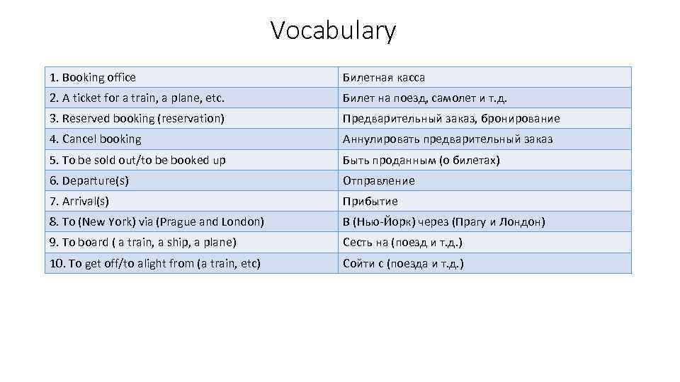 Vocabulary 1. Booking office Билетная касса 2. A ticket for a train, a plane,