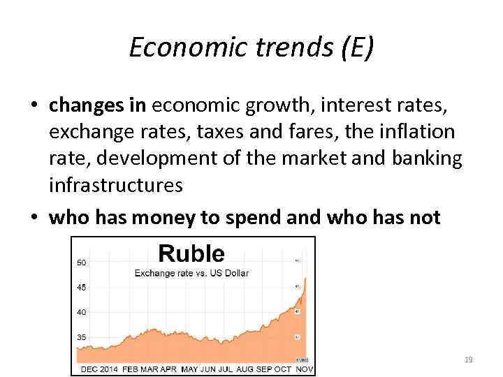 Economic trends (E) • changes in economic growth, interest rates, exchange rates, taxes and