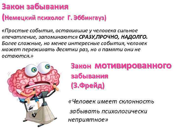 Закон забывания (Немецкий психолог Г. Эббингауз) «Простые события, оставившие у человека сильное впечатление, запоминаются