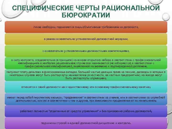 СПЕЦИФИЧЕСКИЕ ЧЕРТЫ РАЦИОНАЛЬНОЙ БЮРОКРАТИИ лично свободны, подчиняются лишь объективным требованиям их должности, в рамках
