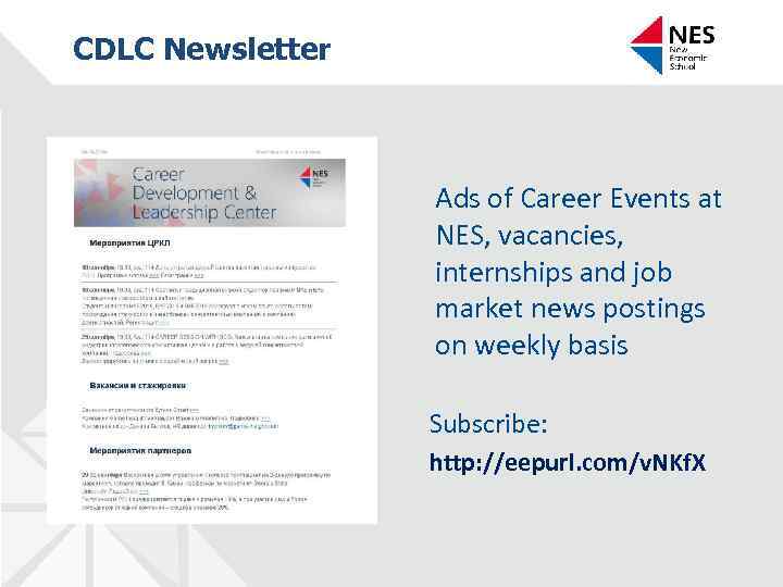 CDLC Newsletter Ads of Career Events at NES, vacancies, internships and job market news