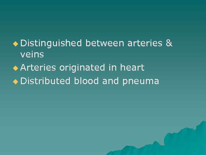  Distinguished between arteries & veins Arteries originated in heart Distributed blood and pneuma