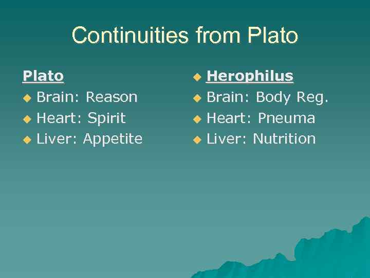 Continuities from Plato Brain: Reason Heart: Spirit Liver: Appetite Herophilus Brain: Body Reg. Heart: